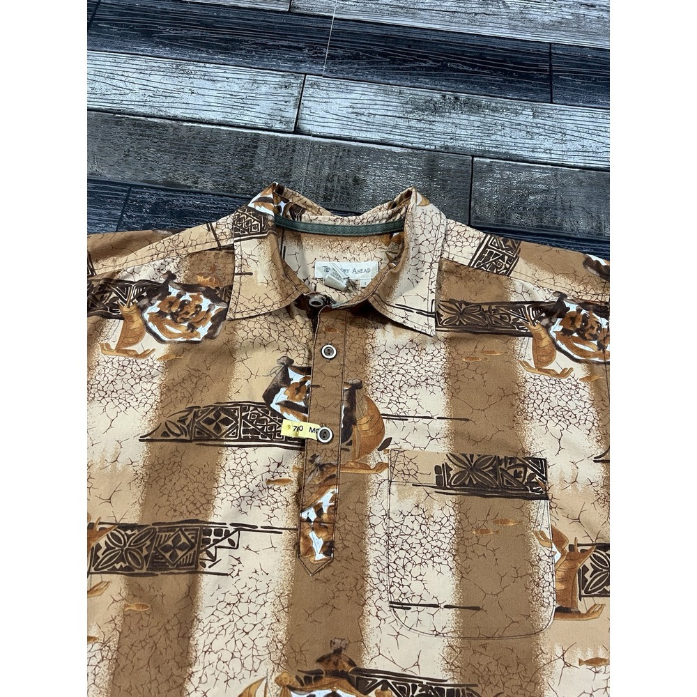 Territory Ahead Mens Sz L All Over‎ Print Boat Fish Tribal Brown Tan Pop Over